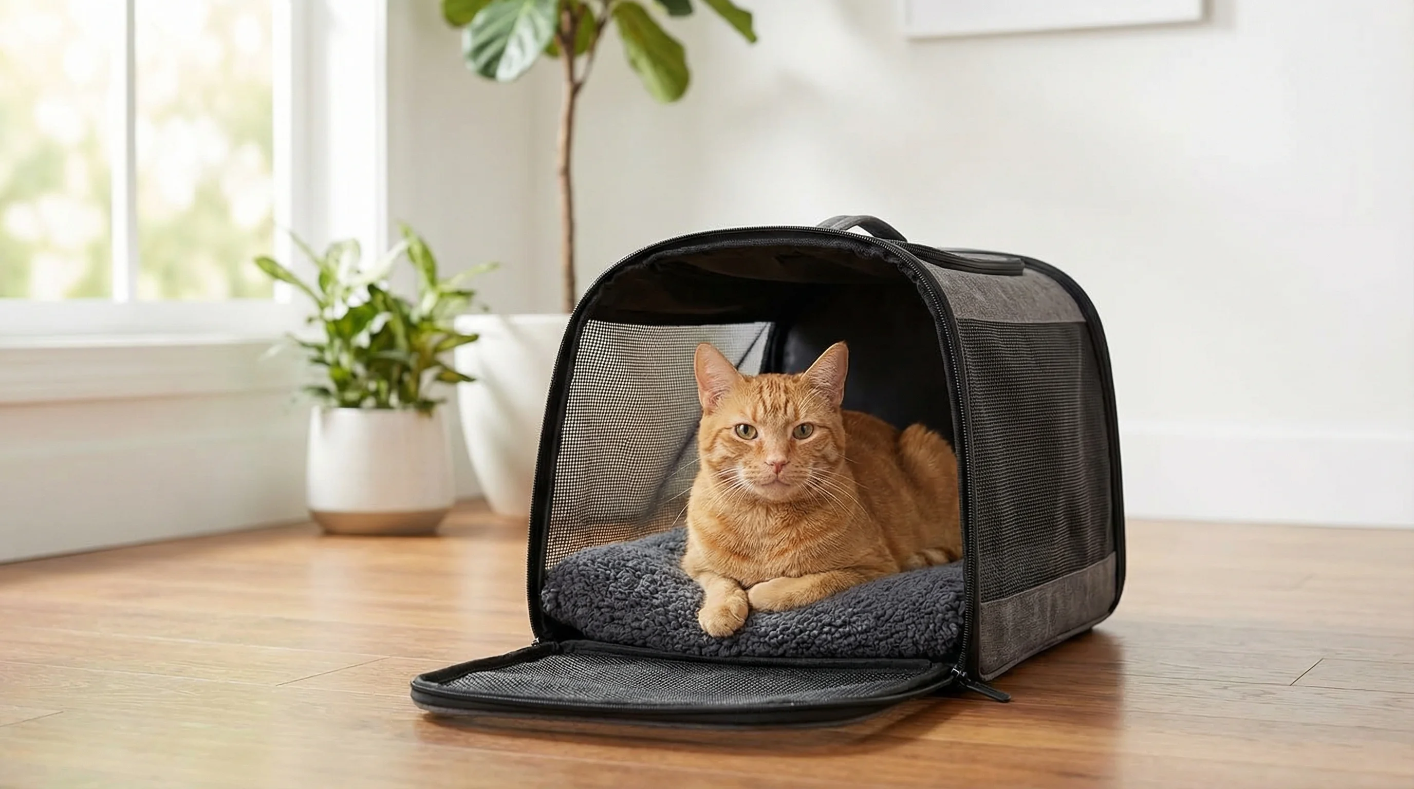 Calm tabby cat sitting comfortably in a well-ventilated modern cat carrier with soft padding