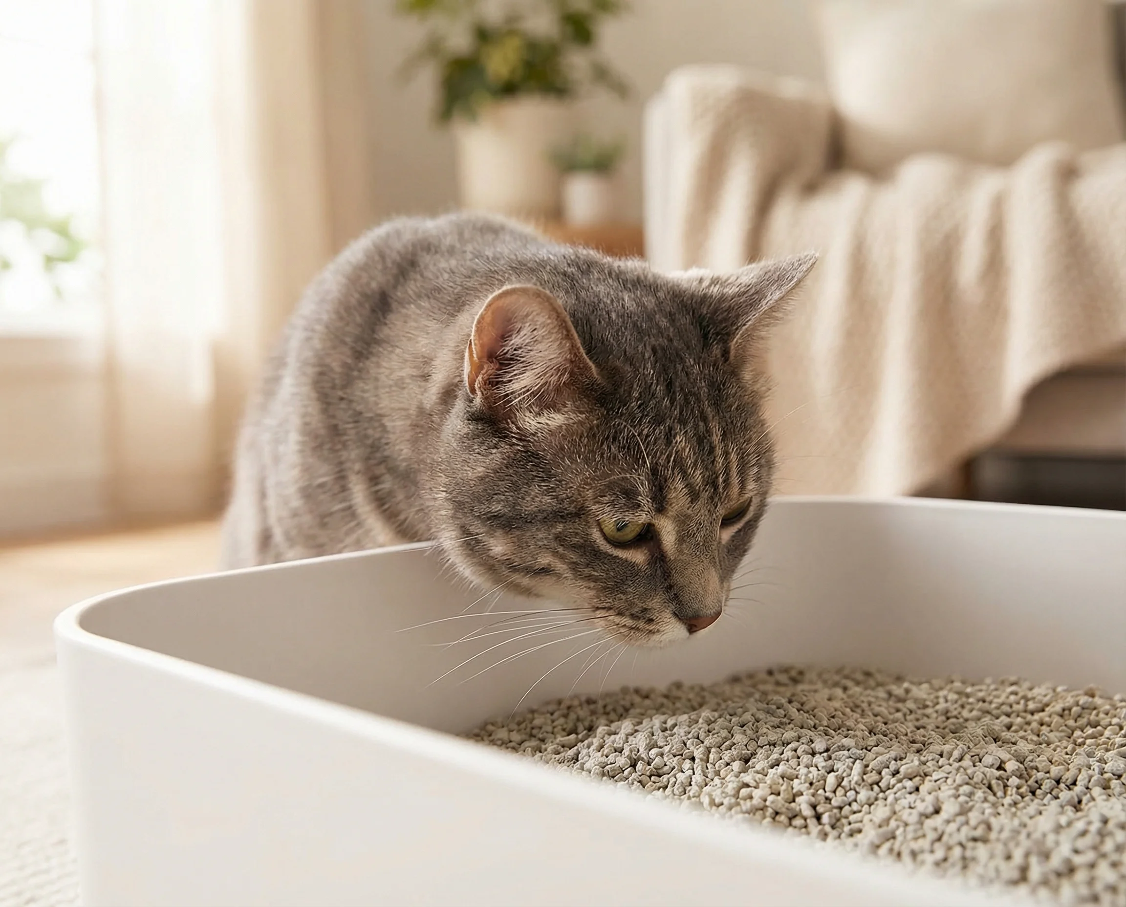 Cat curiously investigating and sniffing inside a clean litter box
