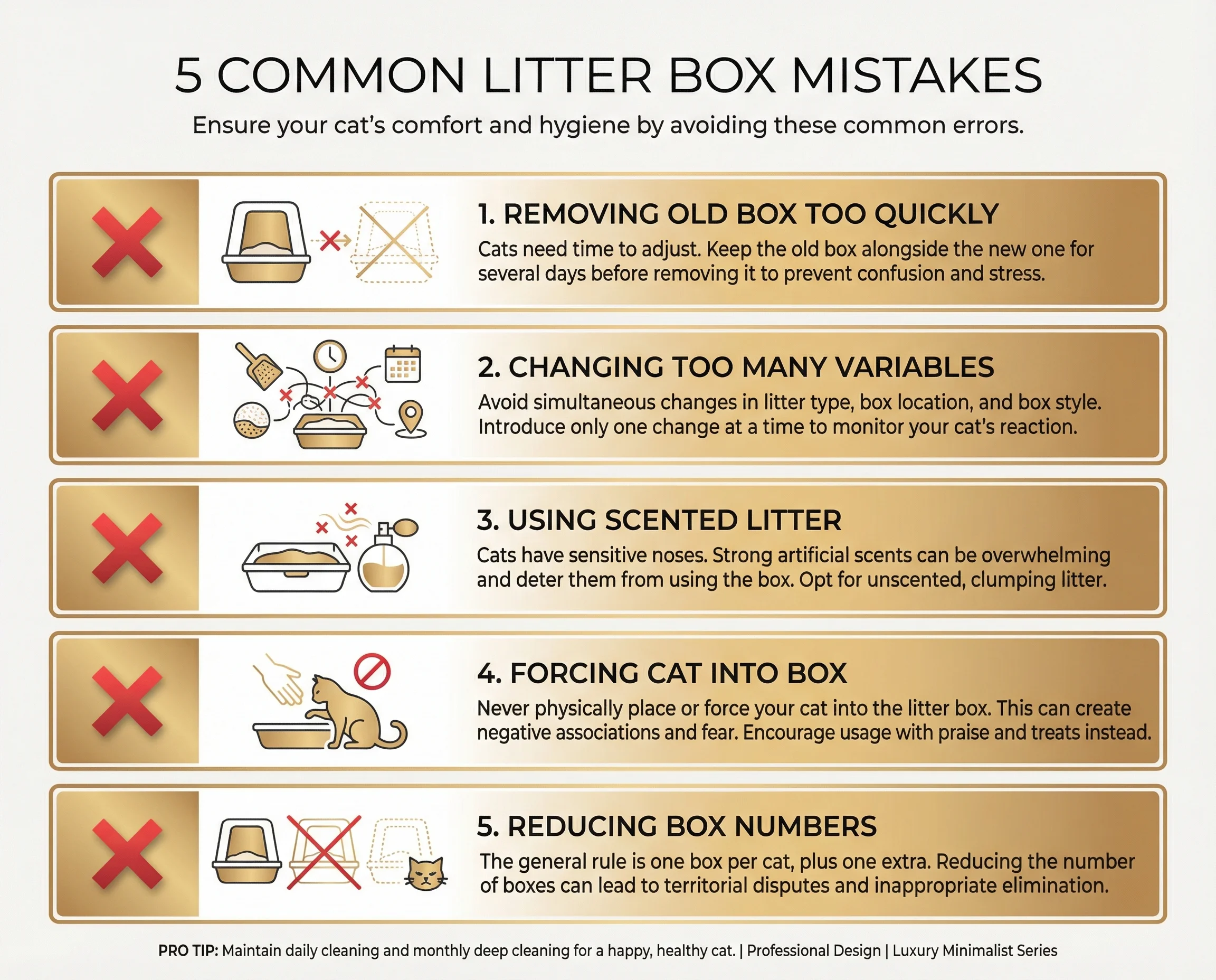 Infographic showing 5 common litter box transition mistakes to avoid