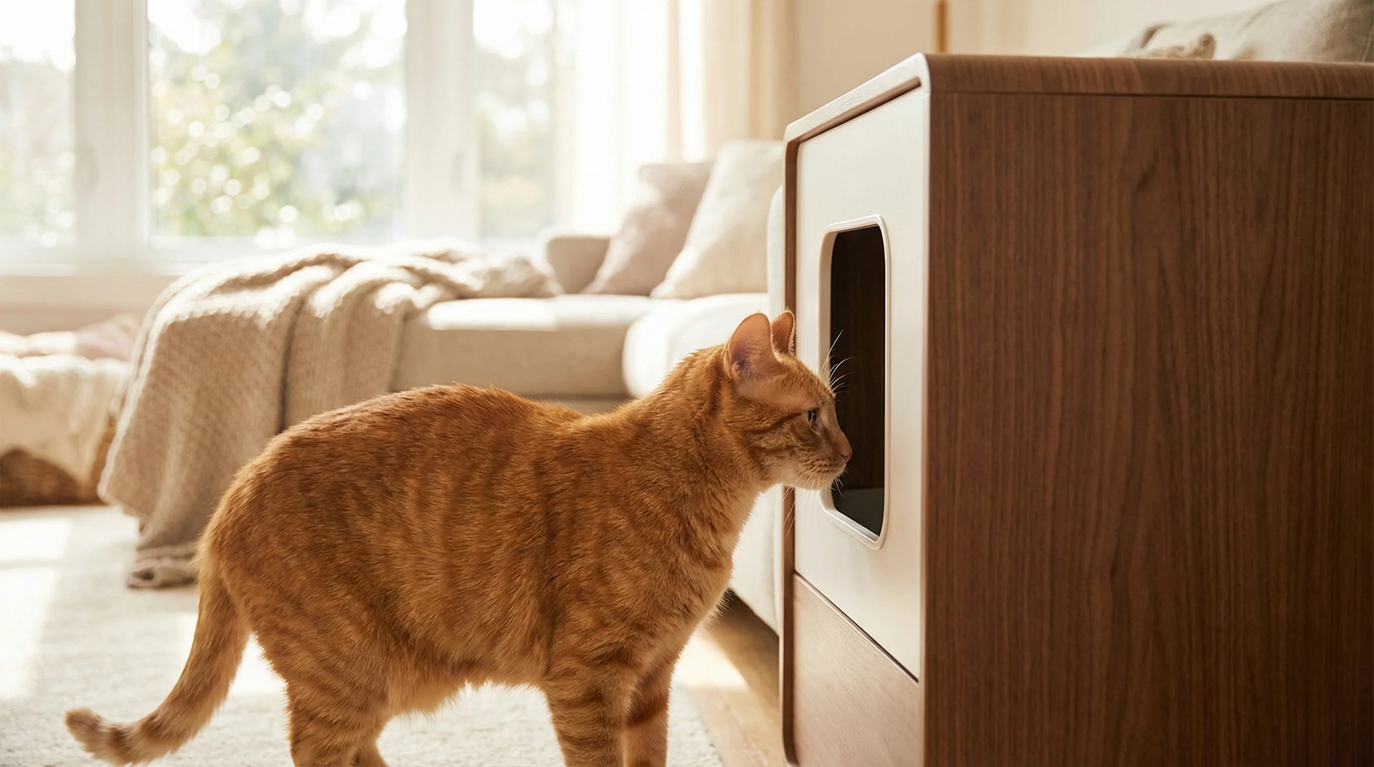 Calm orange tabby cat exploring a new modern litter box in a clean home setting