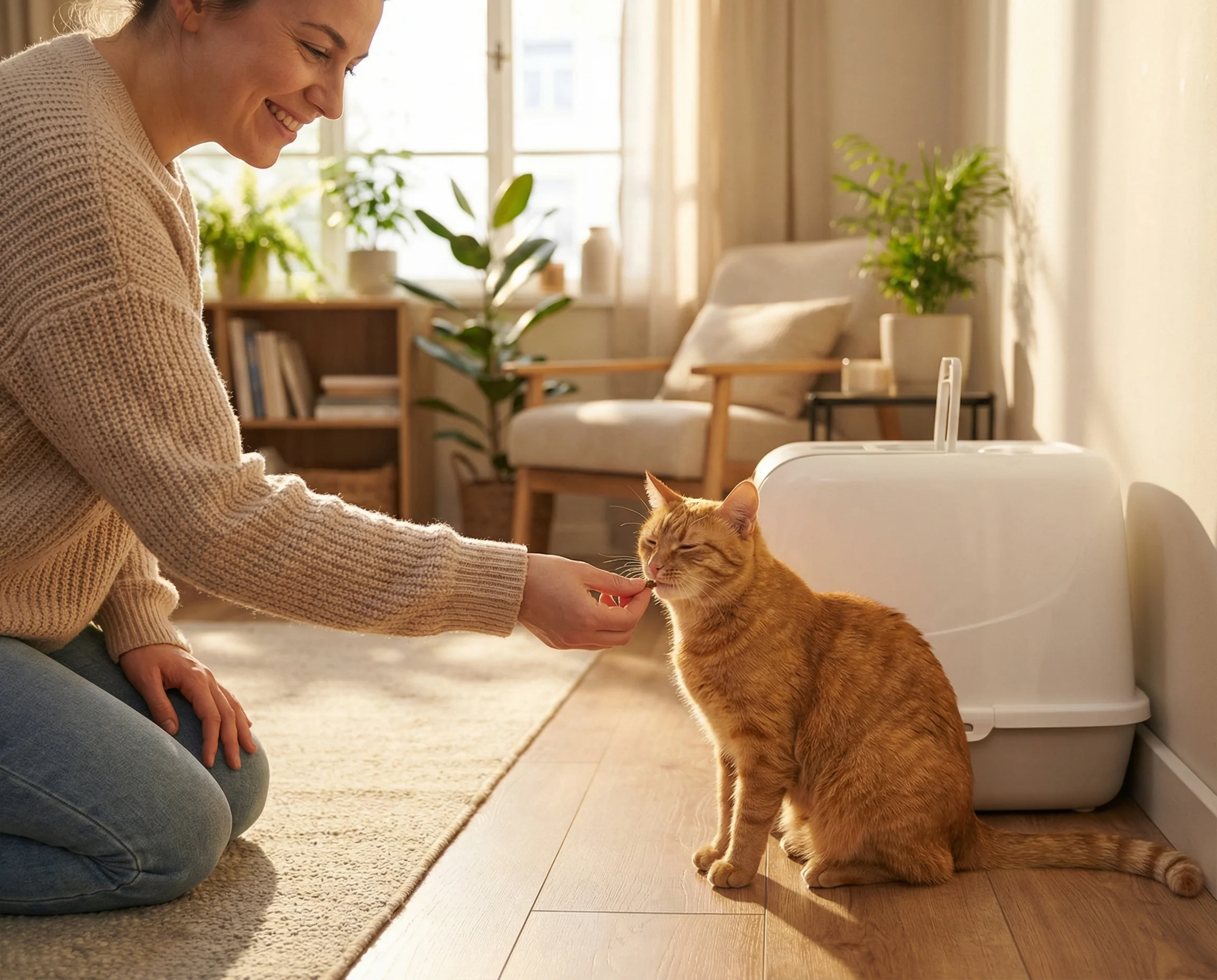 Cat owner giving a treat to a happy cat near a litter box as positive reinforcement