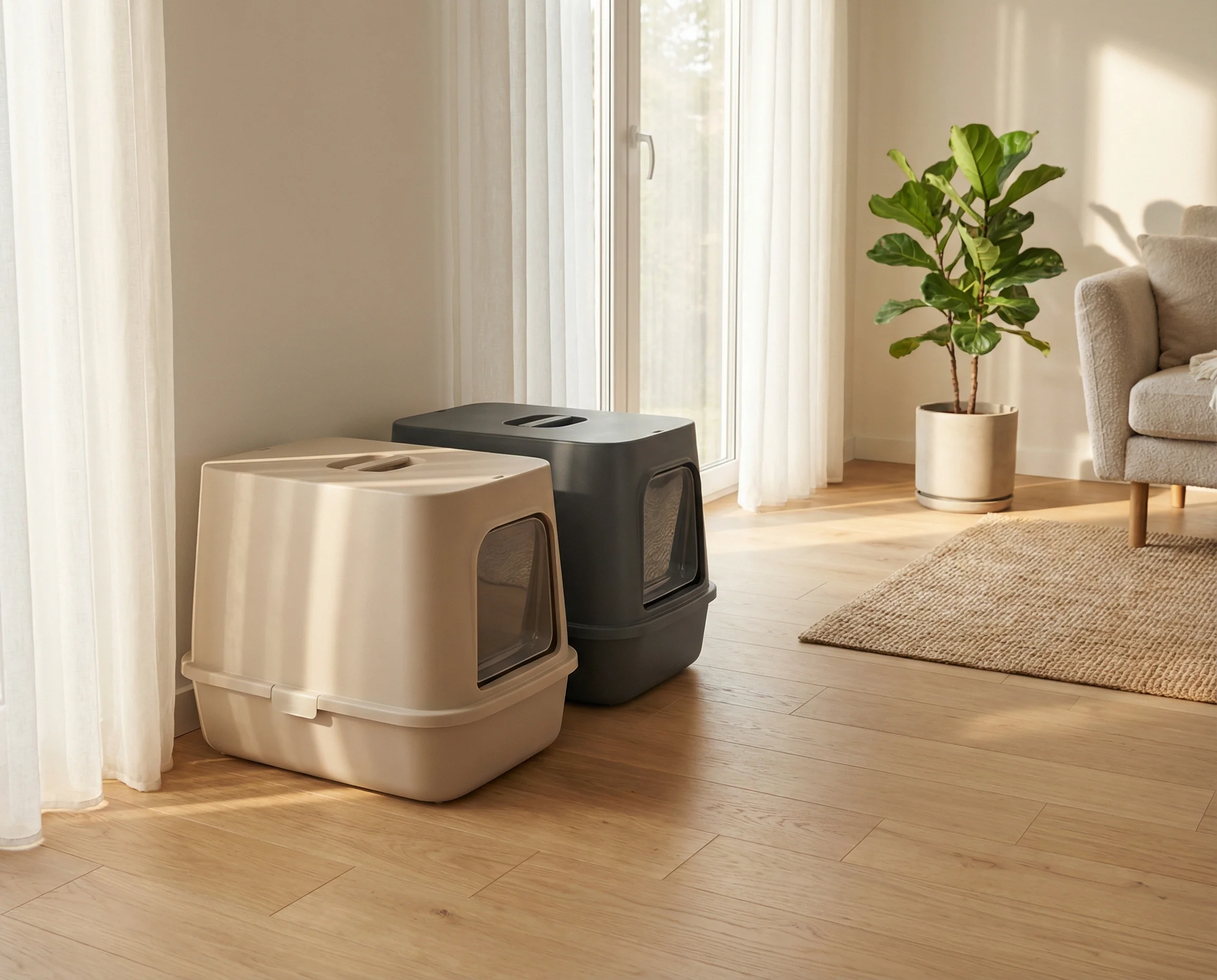Two litter boxes placed side-by-side on wooden floor in a clean home setting