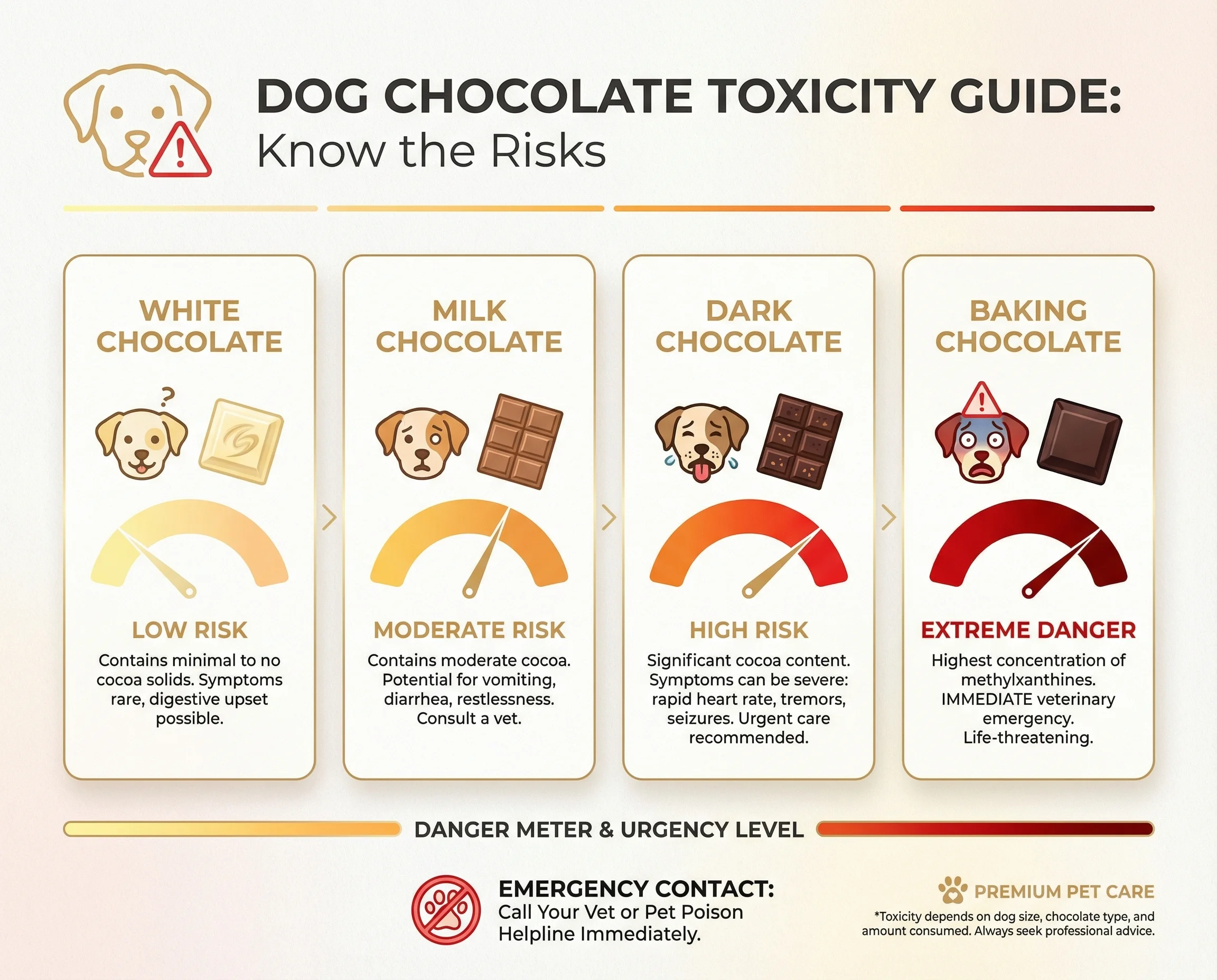 Warning infographic showing chocolate toxicity levels by type for dogs