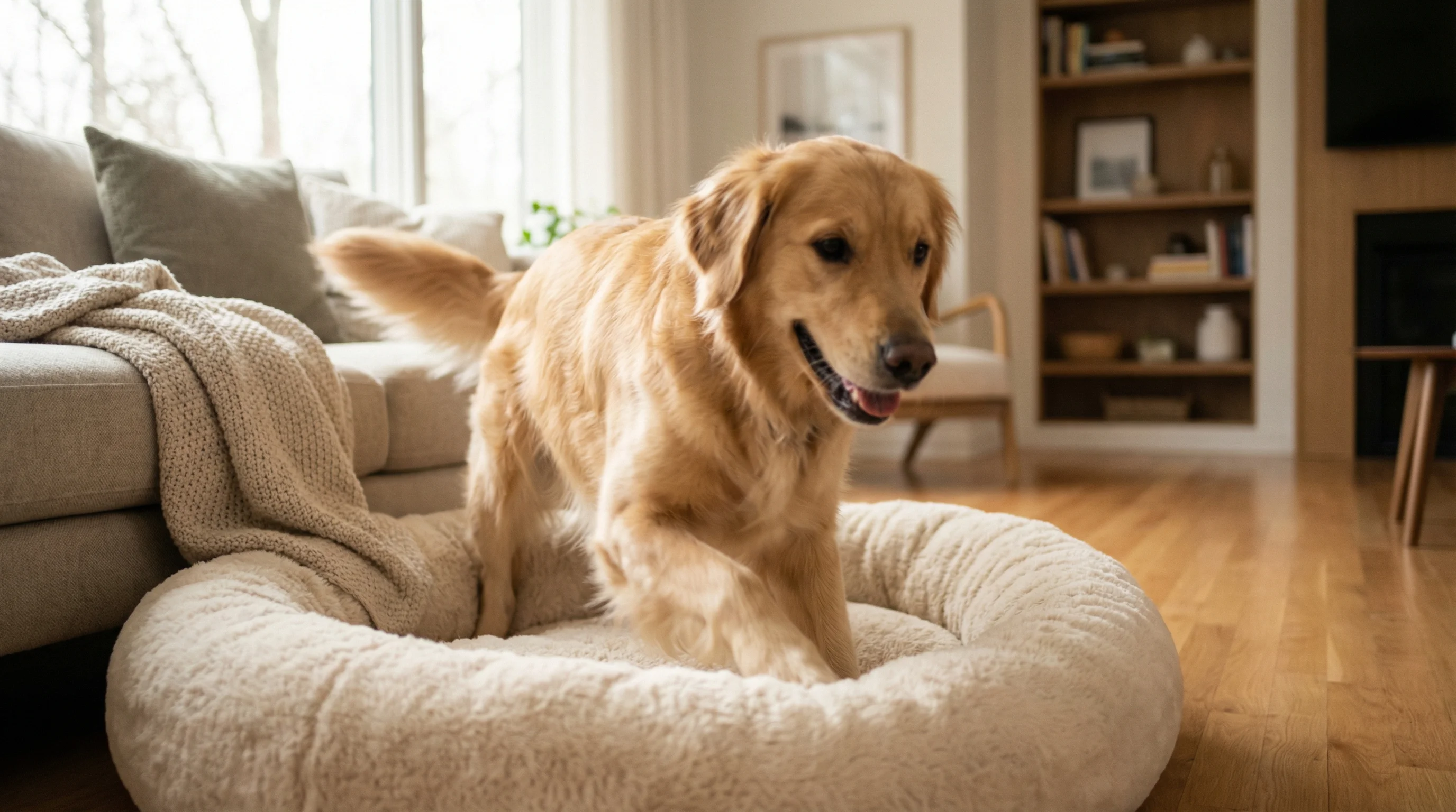 Happy golden retriever pawing and circling on a comfortable dog bed before settling down
