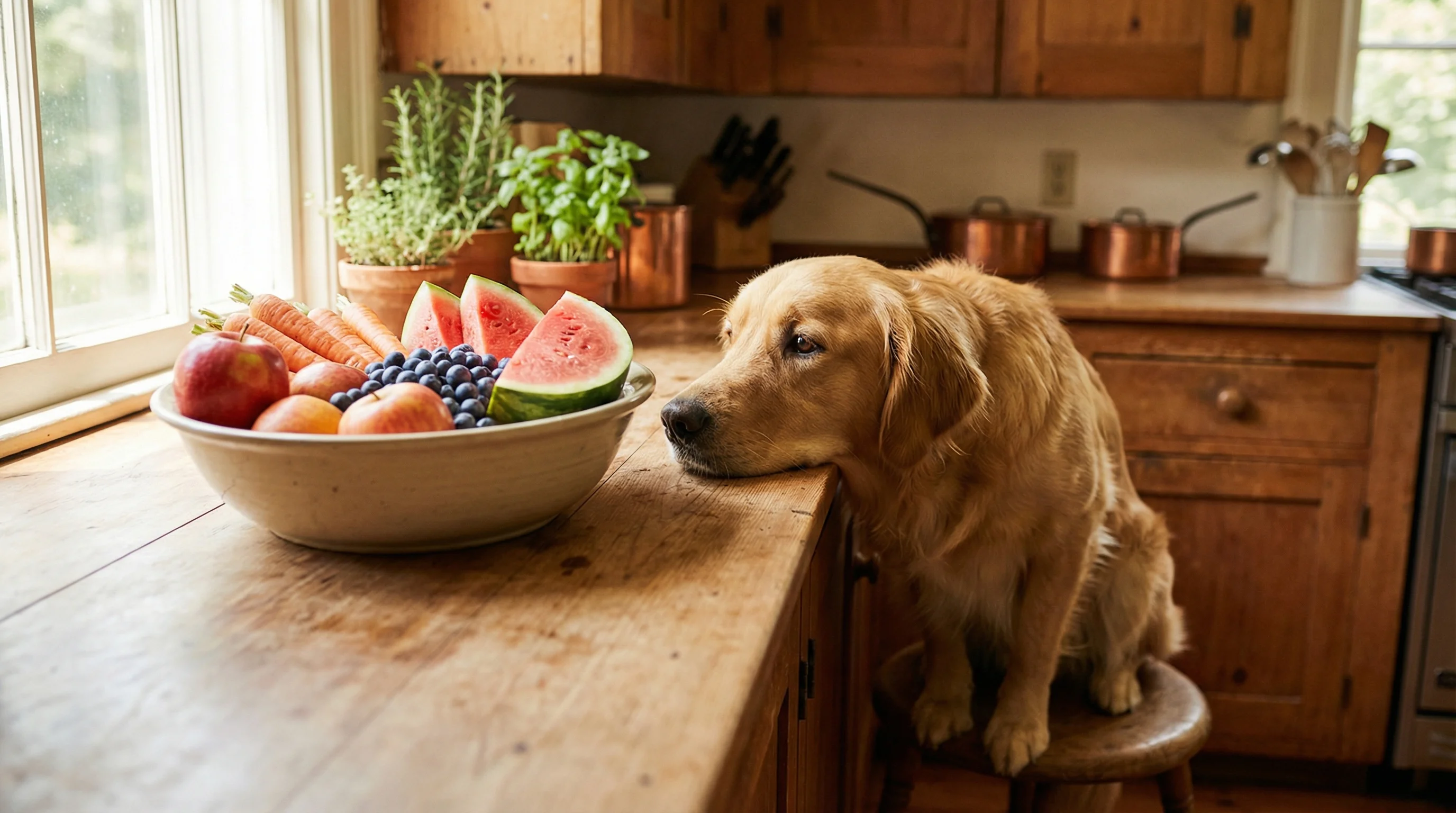 Golden retriever looking at a variety of healthy fruits and vegetables on a kitchen counter