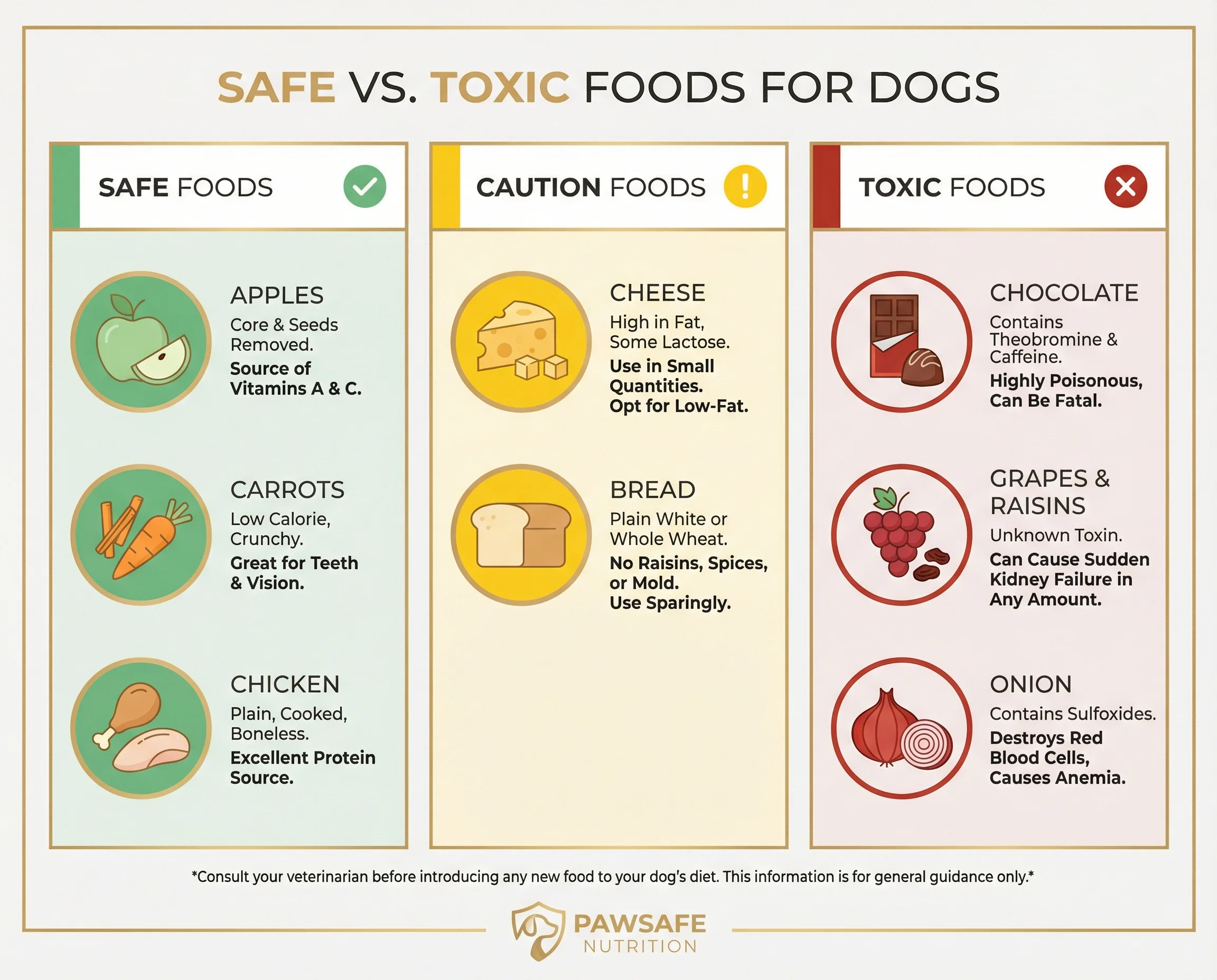 Infographic showing safe vs toxic foods for dogs in a clear visual grid