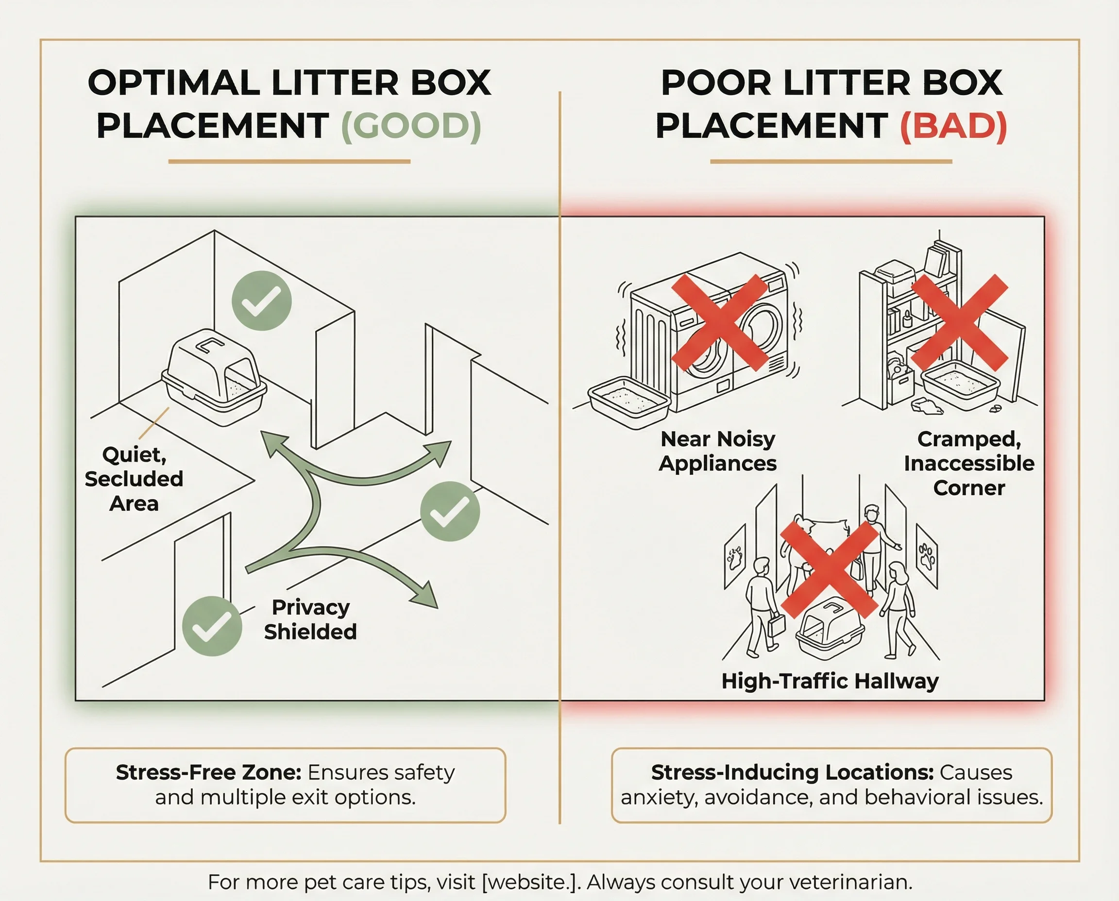 Infographic showing good versus bad litter box placement locations