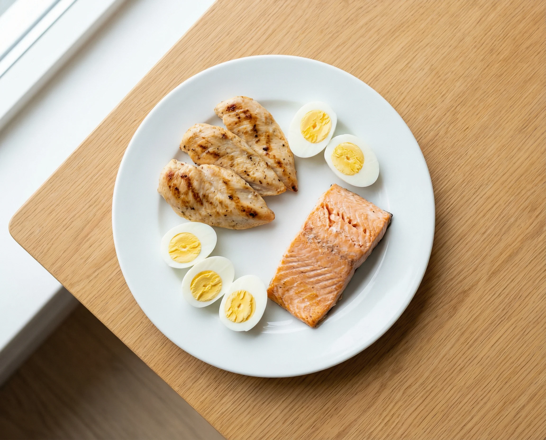 Lean cooked chicken and salmon prepared for dogs without seasonings